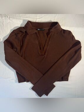 Zara Women's Brown Ribbed Polo Long Sleeve Top